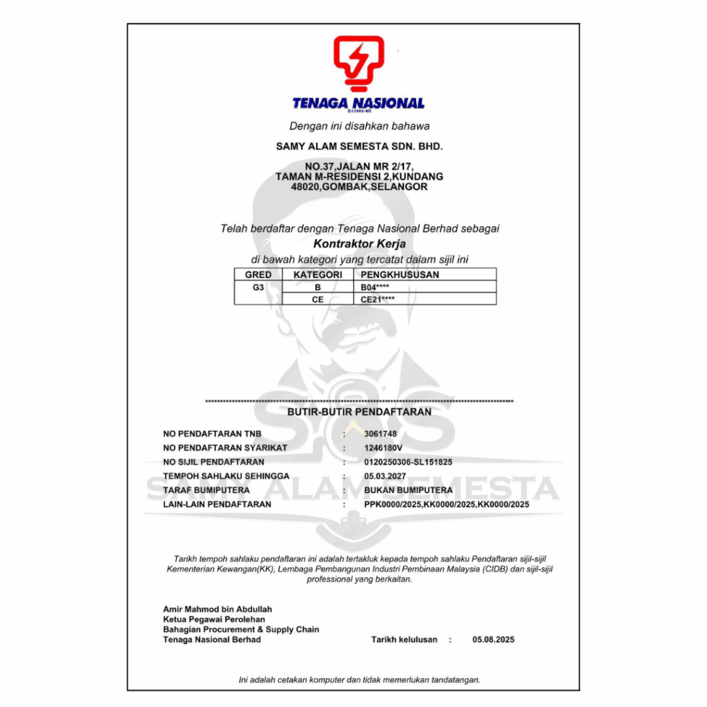 Compliant TNB kontraktor kerja