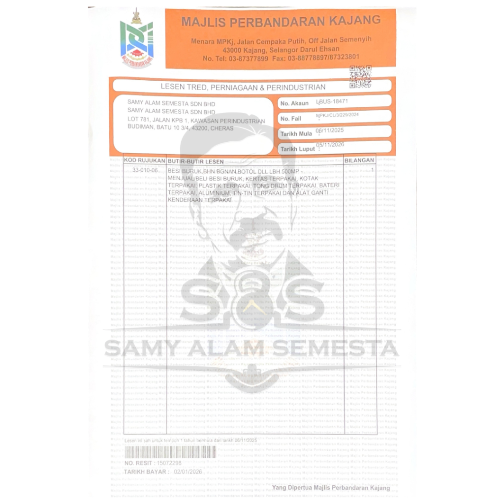 Samy Alam Semesta Sdn Bhd KL Selangor Scrap metal collection and disposal services ESG-compliant MAJLIS PERBANDARAN KAJANG