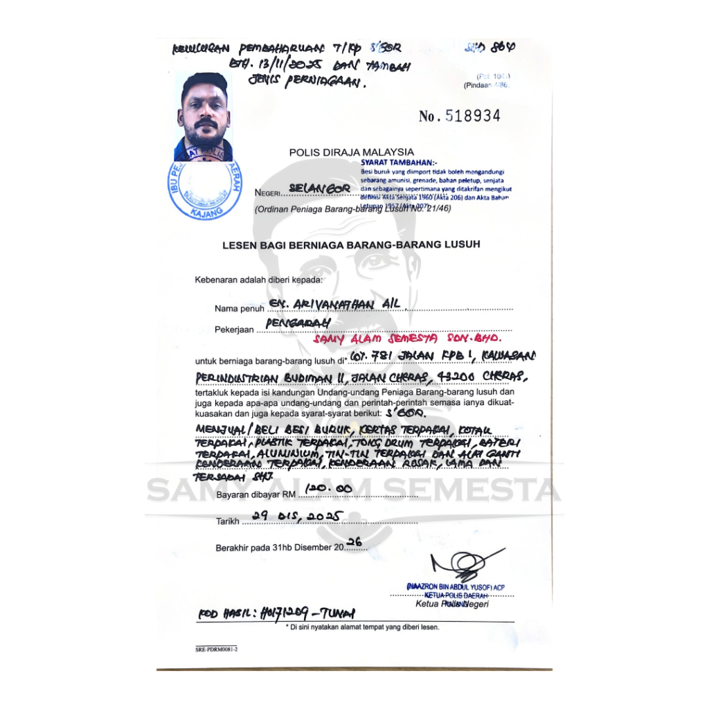 Samy Alam Semesta Sdn Bhd KL Selangor Scrap metal collection and disposal services ESG-compliant PDRM 104A Permit-1